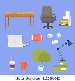 Small clipart collection with office furniture, equipment and objects. Includes: desk,chair,laptop,boxes,stacks of paper, rugby ball, potted tree, cups, graphics, lamp. Isolated illustrations
