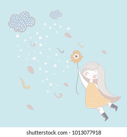 A small cloud blows and a sweet girl flies on a flower.