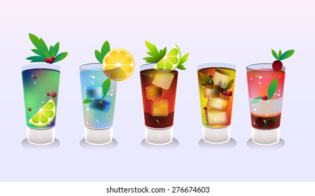 Small Cocktail realistic decorative icons set with isolated vector illustration. Collection of alcohol coctails and other drinks.Shot drink. 