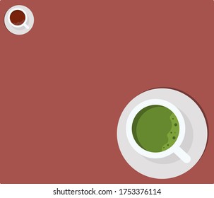 small сup of coffee and big cup of matcha with a white plates on coral background, opposite to each other, coffee point minimalistic concept, flat design