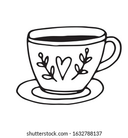 A small coffee cup with leaves in vector is suitable for social network icons, logos, cards, prints, design and any design
