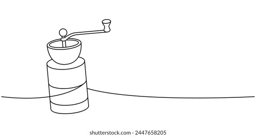 Small coffee grinder one line continuous drawing. Hand drawn elements for cafe menu, coffee shop. Vector linear illustration.