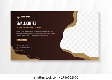 Small coffee house Hot Drink Promotional horizontal flyer Vector. Coffee Roast Grains And Splash On Advertise Marketing Poster. Stylish Colorful Concept Template Illustration with liquid shape. 