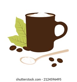 Small coffee mug vector stock illustration. A fragrant hot drink. Medium roasted coffee beans. Isolated on a white background.