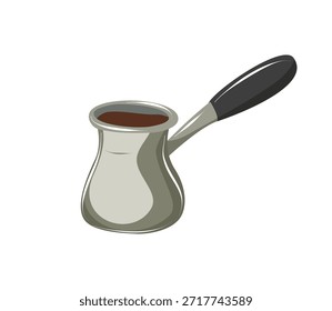 Small coffee pot with long handle for traditional brewing. Hand drawn vector illustration isolated on white, suitable for coffee rituals, cafe menus, packaging and cultural concepts.