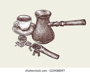 small coffee set with vintage objects, detailed hand-drawn art
