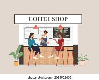 Small coffee shop business illustration visitor and waitress