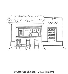 Small Coffee shop Cafe and Bread Sketch Hand drawn Illustration line art vector 