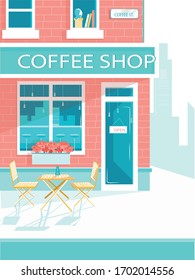 Small Coffee Shop. Comfort Outdoor Seats. Cafe Facade Building. Cafeteria Exterior Architecture. City Infrastructure. Commercial Business Real Estate. Street Restraint Flat Design. Vector Illustration