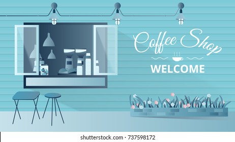 Small coffee shop facade, stylish exterior storefront design with copy space background, blue tone