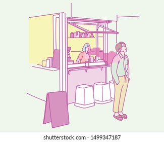 In a small coffee shop, a man smells coffee. hand drawn style vector design illustrations. 