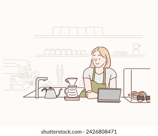 Small coffee shop owner happy to run her business. Hand drawn style vector design illustrations.