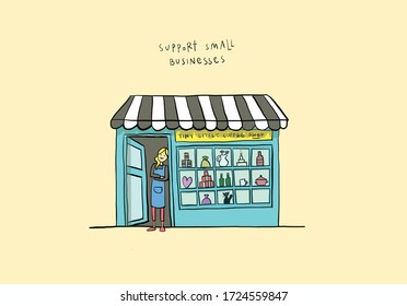 Small coffee shop with owner standing in front. Small business.