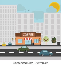 A small coffee shop with a parking lot
