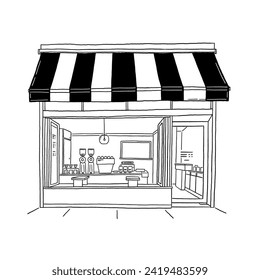 Small Coffee shop Sketch Cafe restaurant Hand drawn Illustration line art vector 