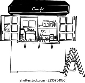 Small Coffee stand Cafe in town Hand drawn line art illustration