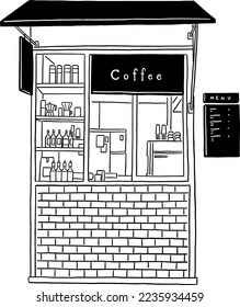 Small coffee stand Cafe in town Hand drawn line art illustration