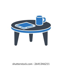 Small coffee table with a mug and a book icon