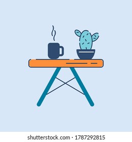 Small coffee table semi flat RGB color vector illustration. Fashionable decorative desk with home plant and hot drink. Stylish modern piece of furniture isolated cartoon object on blue background