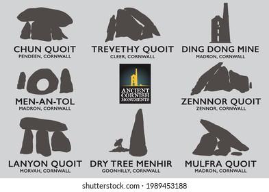 A small collection of silhouette illustrations of famous ancient monuments in West Cornwall, United Kingdom, suitable for T-Shirts or postcards