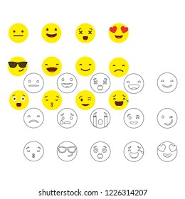 Small collection of yellow and linear emoticons on white. background.