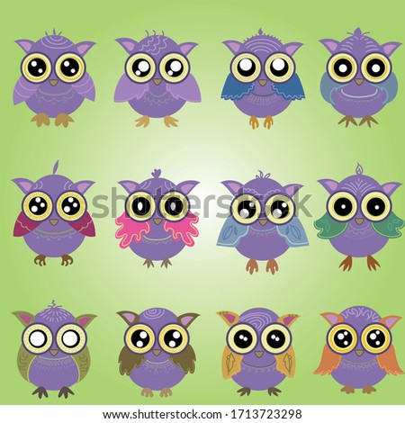 small colored cartoon owls with patterned plumage