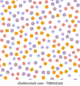 small colored flowers on a white background. For prints, postcards, greeting cards, wedding invitations, birthday, Valentine's day. Seamless floral pattern. Vector illustration.