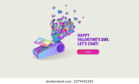 Muchos corazones pequeños y coloreados salen volando del terminal de pago de la compra. Bandera de vectores