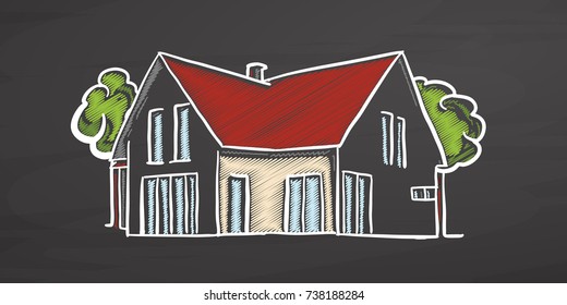Small colored house on chalkboard. Handdrawn vector sketch, clean outlines, vintage style blackboard.