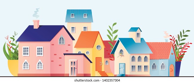 small colored houses with doors, windows and flowers