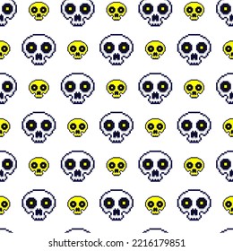 Small colored pixel skulls isolated on white background. Cute seamless pattern. Vector simple flat graphic illustration. Texture.