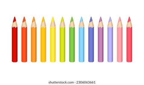 Small colored wooden pencils isolated on white background. Crayons in rainbow colors. Vector cartoon flat illustration.