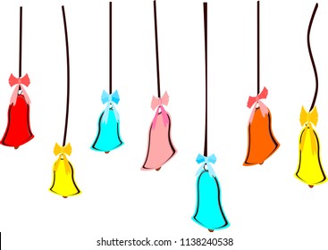 Small colorful bell hanging down the rope hanging down the white backdrop Vector illustration to celebrate the fun festive color  blue light pink light pink decorated festive stripes.