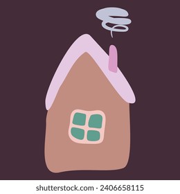 Small Colorful crooked house in Flat style with Smoke from Chimney, Roof and Window. Cartoon Children drawing Vector illustration Isolated white background. Design art Home for Sticker, Card, Poster.