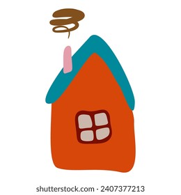 Small Colorful crooked house in Flat style with Smoke from Chimney, Roof and Window. Cartoon Children drawing Vector illustration Isolated white background. Design art Home for Sticker, Card, Poster.