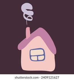 Small Colorful crooked house in Flat style with Smoke from Chimney, Roof and Window. Cartoon Children drawing Vector illustration Isolated white background. Design art Home for Sticker, Card, Poster.