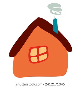 Small Colorful crooked house in Flat style with Smoke from Chimney, Roof and Window. Cartoon Children drawing Vector illustration Isolated white background. Design art Home for Sticker, Card, Poster.