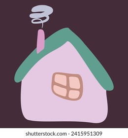 Small Colorful crooked house in Flat style with Smoke from Chimney, Roof and Window. Cartoon Children drawing Vector Isolated illustration. Design art Home for Sticker, Card, Poster, Book, Logo.