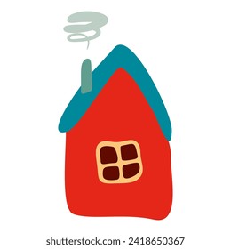 Small Colorful crooked house in Flat style with Smoke from Chimney, Roof and Window. Cartoon Children drawing Vector illustration Isolated white background. Design art Home for Sticker, Card, Poster.