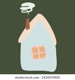 Small Colorful crooked house in Flat style with Smoke from Chimney, Roof and Window. Cartoon Children drawing Vector Isolated illustration. Design art Home for Sticker, Card, Poster.