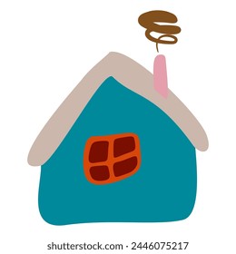 Small Colorful crooked house in Flat style with Smoke from Chimney, Roof and Window. Cartoon Children drawing Vector illustration Isolated white background. Design art Home for Sticker, Card, Poster.