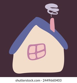 Small Colorful crooked house in Flat style with Smoke from Chimney, Roof and Window. Cartoon Children drawing Vector Isolated illustration. Design art Home for Sticker, Card, Poster.