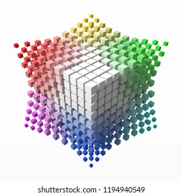 small colorful cubes builds up color theory cube. smaller cubes on corners. 3d style vector illustration. suitable for any banner, ad, technology and abstract themes.