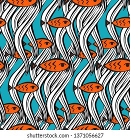 Small colorful fishes on white background. Abstract vector seamless pattern in flat style