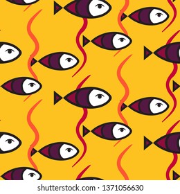 Small colorful fishes on white background. Abstract vector seamless pattern in flat style