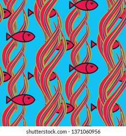 Small colorful fishes on white background. Abstract vector seamless pattern in flat style