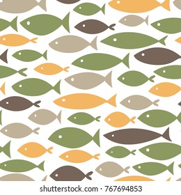 Small colorful fishes on white background. Abstract vector seamless pattern in flat style