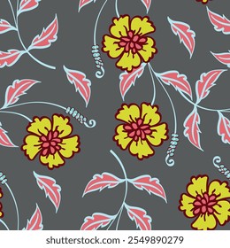 Small colorful flowers and brown flowers, hand drawn. Seamless on a light yellow background. Designed for fabric, fashion, textiles, wallpaper, 