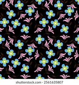 Small colorful flowers and brown flowers, hand drawn. Seamless on a light yellow background. Designed for fabric, fashion, textiles, wallpaper,