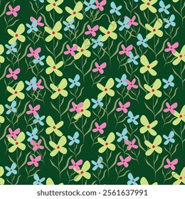 Small colorful flowers and brown flowers, hand drawn. Seamless on a light yellow background. Designed for fabric, fashion, textiles, wallpaper,